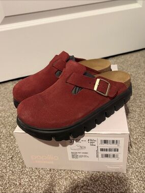 Papillio Burgundy Suede Chunky Clog with Gold Buckle
